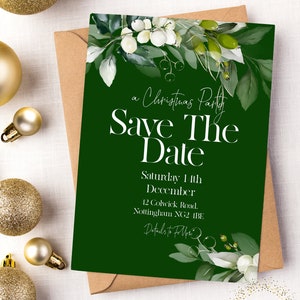 Save the Date Christmas Party Invitation Editable Template Holiday Emerald Green Invite ...