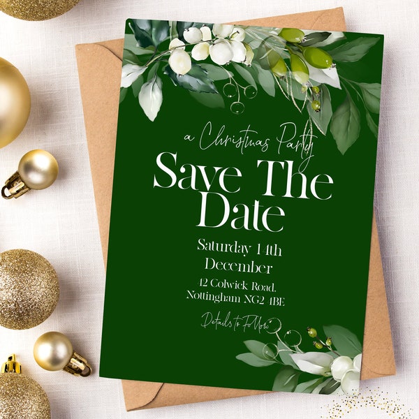 Save The Date Christmas Party Invitation Editable Template Holiday Emerald Green Invite  Printable Instant Download