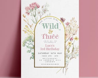 Wild And Three Birthday Invitation, Editable Wildflower Arch 3rd Party Invite, Girl Digital Download, Printable Template, Boho