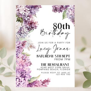Faire-part 80e anniversaire floral lavande, invitation à une fête d&#39;anniversaire étape importante modifiable, modèle de fleur pourpre, téléchargement numérique