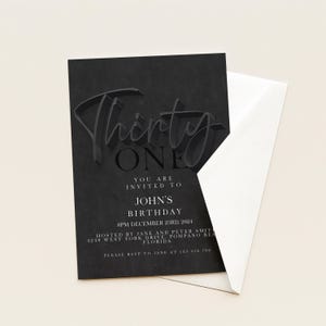 May include: Black birthday invitation card with the words "Thirty One" in a 3D font. The card includes the text "You are invited to John's Birthday" and event details. A white envelope is partially visible.