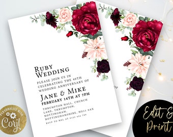 Anniversary Invitation Ruby Wedding Invitation Template 40 Years Instant Download Editable Printable Corjl Template