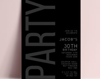 Editable Party Invitation, Template Black Party Printable Template, Men's Adult Invitation, Birthday Digital Downlaod Template For Him