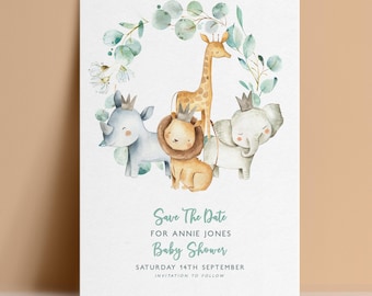 Invitación para reservar la fecha de baby shower con temática de safari y diseño de elefante en la jungla (plantilla editable de Corjl, 5 x 7 pulgadas, descarga digital).