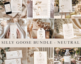 Silly Goose Birthday Bundle Neutral, Editable Party Set Corjl, Printable 1st Birthday Invite, Signs, Tags, Labels, Save the Date SG21