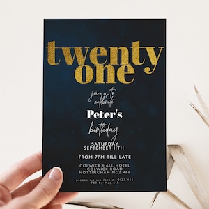 21st Birthday Invitation Editable Template, Gold Glitter Effect Party Invite, Digital Download, Printable Twenty One Birthday for Him or Her
