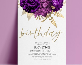 Purple Invitation - Floral Birthday Editable Invite - Vintage Gold Flowers, Instant Download, Printable Template, 5x7