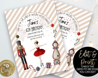 Editable Nutcracker Birthday Invitation Ballet Christmas Birthday Invite Edit Girl Sugar Plum Fairy Download Printable Template Corjl NC16