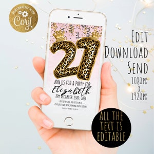 Digital 21st Leopard Print Birthday Party Invitation Digital Invitation Balloon Editable Birthday mobile phone Evite Template SMS Invitation