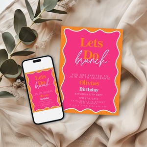 Editable Pink and Orange Brunch Invitation, Modern Wavy Border Party Invite, Lets Do Brunch Corjl Template, Printable Birthday Brunch Card