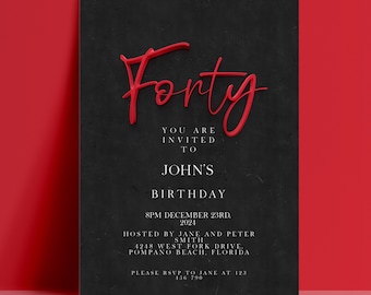 40th Birthday Invitation Editable Template: Red and Black Modern Minimalist - Instant Download, Printable, DIY Party Invite