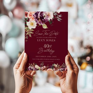 Burgundowe kwiatowe zaproszenie na 40. urodziny Save the Date, elegancki edytowalny szablon na imprezę z okazji kamienia milowego dla kobiet, natychmiastowe pobranie cyfrowe