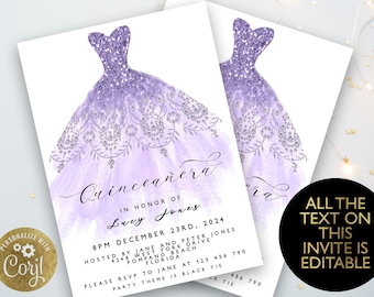 Quinceanera Invitation Light Purple Watercolor 15th Birthday Dress Glitter Editable Instant Download Printable Corjl Template Quince Invite