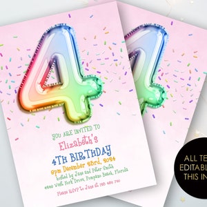 4th Rainbow Birthday Invitation Editable Template Rainbow Balloon Invite For Her 4 Year Old Invite Party Celebration Digital Download