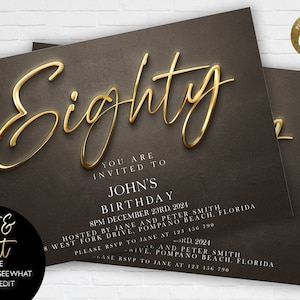 80th Birthday Invitation Editable 80th Invite Black Gold Invitation Simple Elegant For Him or Her  Instant Download Printable