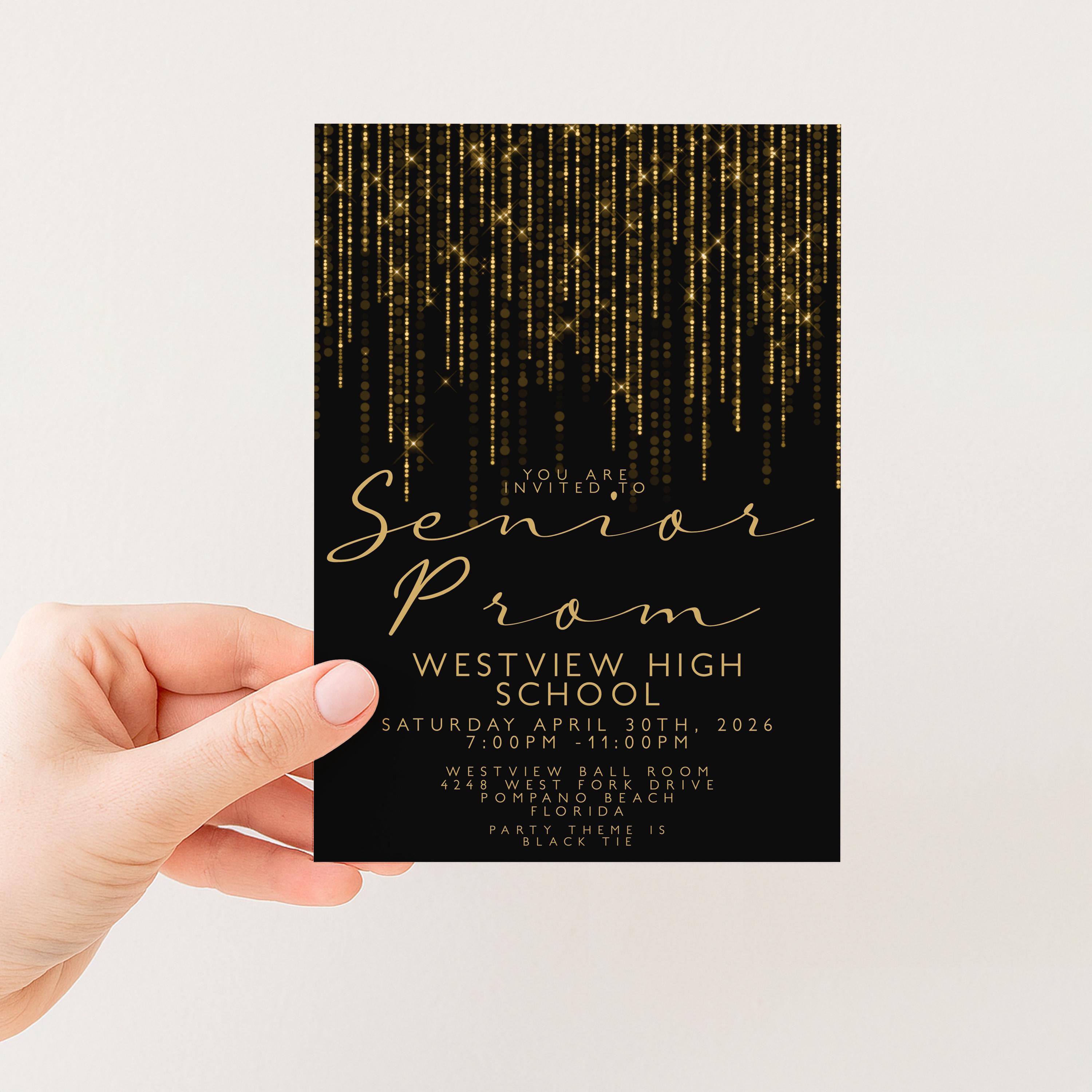 Whimsy Prom Invite Prom Invitation Gold Glitter Lights, Elegant School Dance Invite, Black ...