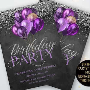 Purple Birthday Invitation Purple Balloons Chalkboard Editable Printable Silver Glitter Invitation Instant Download Editable Template Corjl