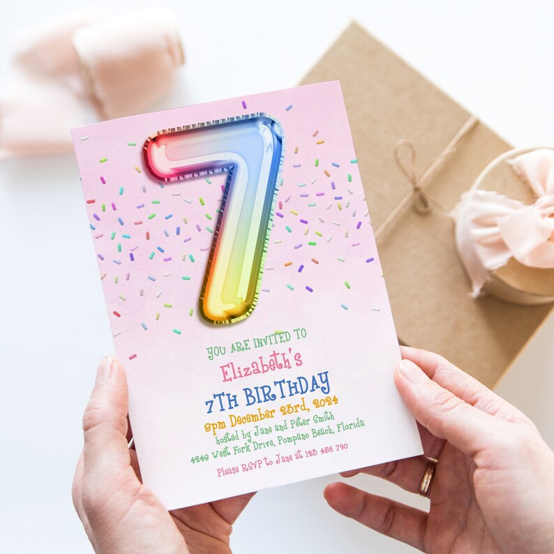 7th Rainbow Birthday Invitation Editable Template Rainbow Balloon ...