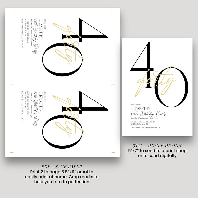 40th Birthday Invitation Editable Template: Minimalist Black Gold ...