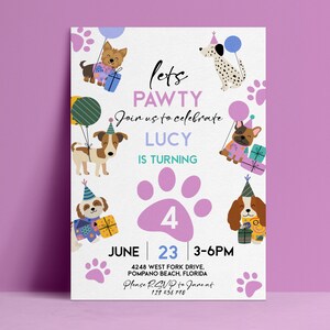 The image is a birthday invitation for a dog-themed party, featuring illustrations of dogs and balloons.