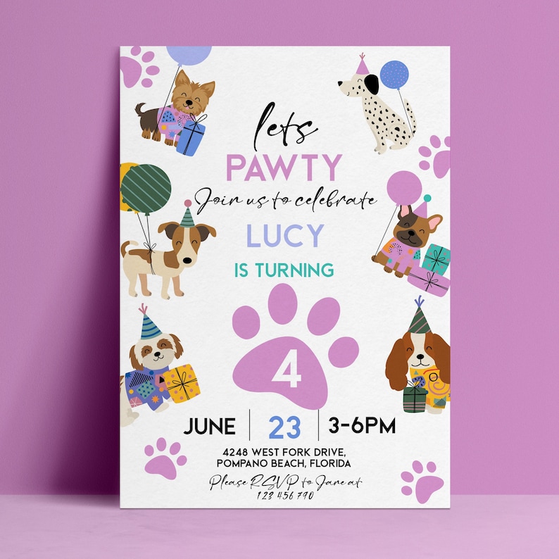 The image is a birthday invitation for a dog-themed party, featuring illustrations of dogs and balloons.