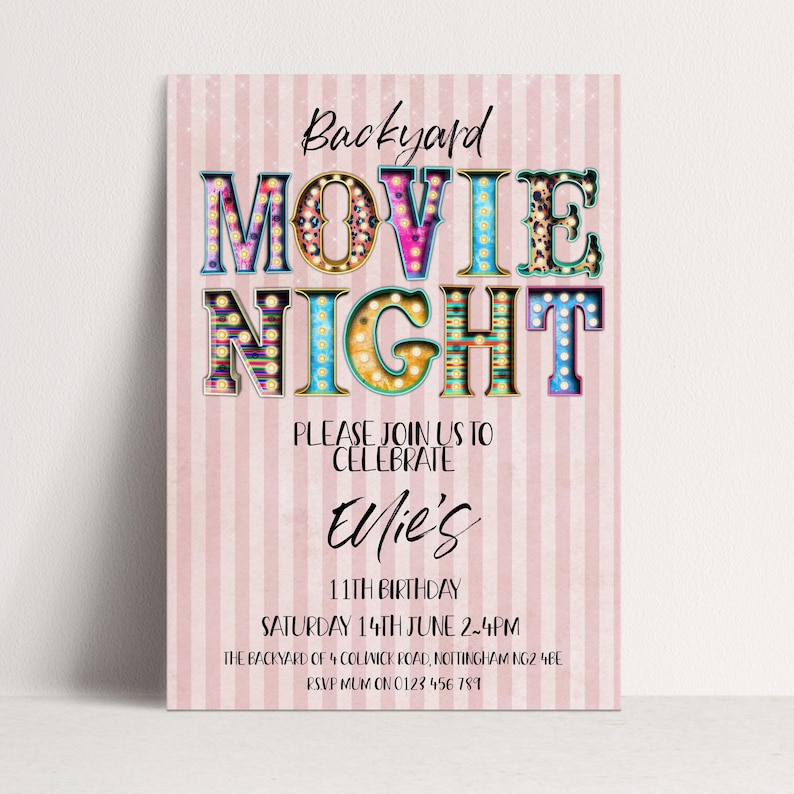 Movie Night Invite - Editable Backyard Cinema Party Invitation - Digital Download, Printable Template, Summer Event image 1