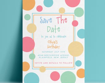 Birthday Save the Date Template, Polka Dot Editable Card, Pastel Spots Digital Download, Kids Party Printable Notice