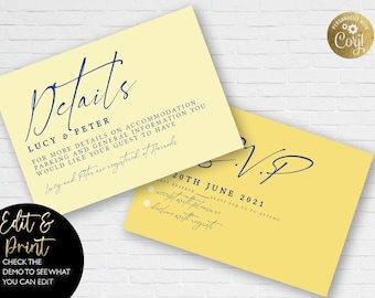 Wedding Cards Yellow and White Flowers RSVP card Details Card template Download Printable Wedding Navy Text YW01