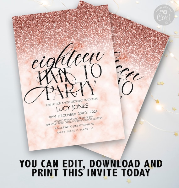 18th Birthday party Invitation 18th Invite Rose Gold Glitter Marble ...