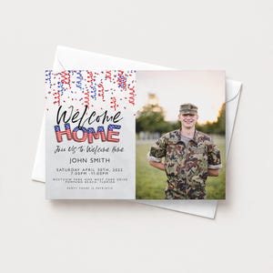 The image is a welcome card for John Smith, who is a military veteran, with a photo of him in uniform. The card features text welcoming him home and includes details about the date and location of his arrival.