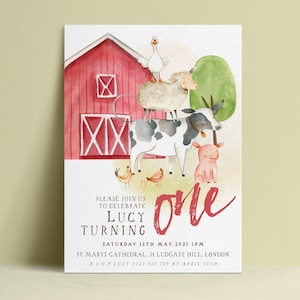 The image is a birthday invitation for a one-year-old named Lucy, featuring a red barn, farm animals, and a pink pig.