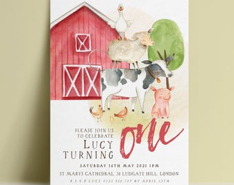 Farm Birthday Invitation, Editable Barnyard Animals First Birthday Party Invite, Red Barn Digital Download, Printable Template