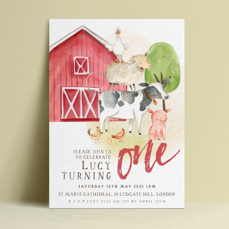The image is a birthday invitation for a one-year-old named Lucy, featuring a red barn, farm animals, and a pink pig.