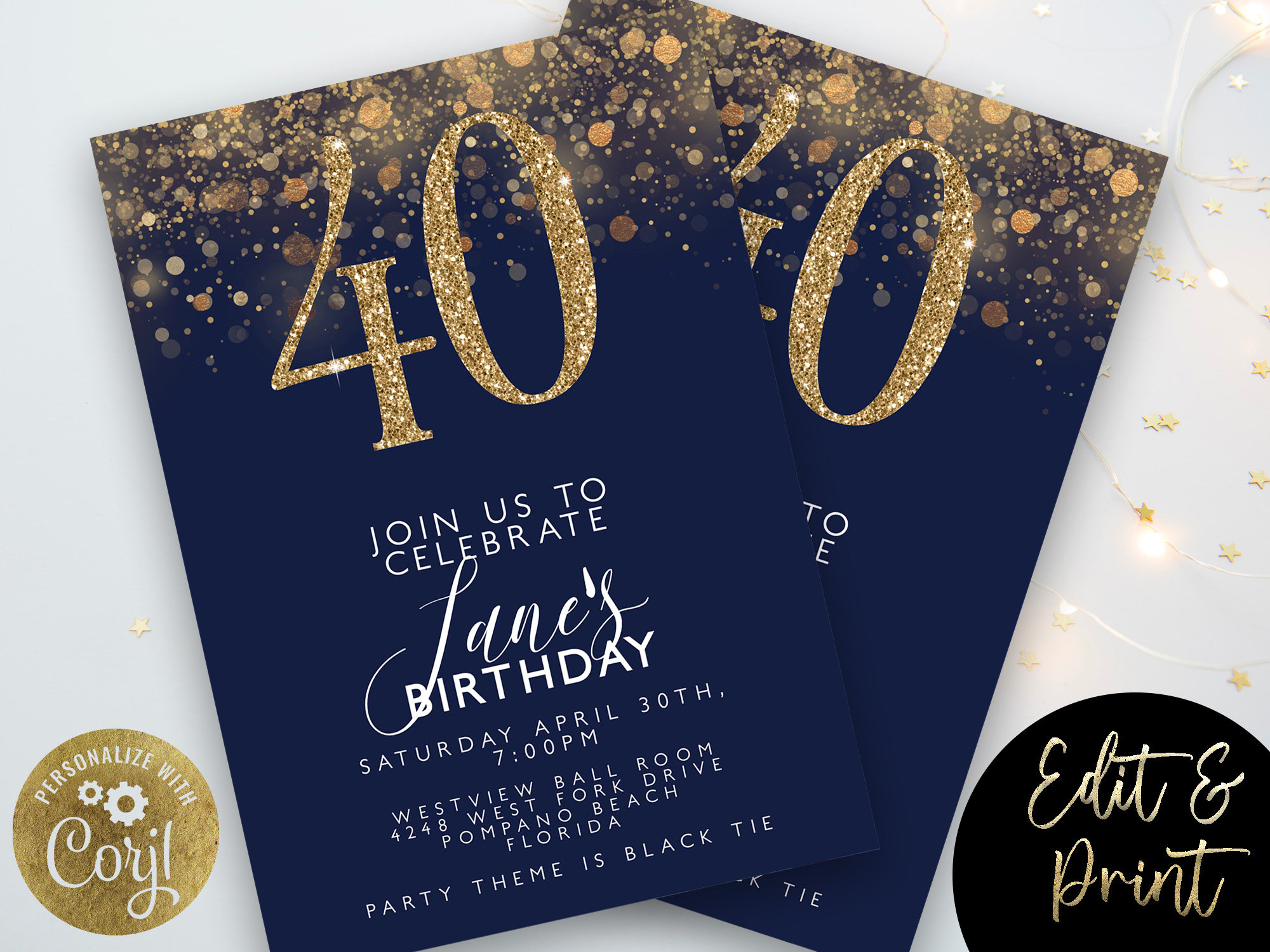 Editable 40th Birthday Invitation Template 40th Invite Navy Etsy UK