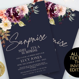 Surprise Birthday Invitation Shhh it&#39;s a Surprise Party Birthday Invitation Navy Floral Fig Birthday Invitation 40th birthday 50th 30th BL11