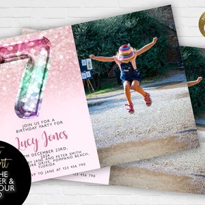 7th Add Your Photo Mermaid Birthday Invitation Editable Template Balloon Invite 7 Year Old Invite Party Celebration Digital Download