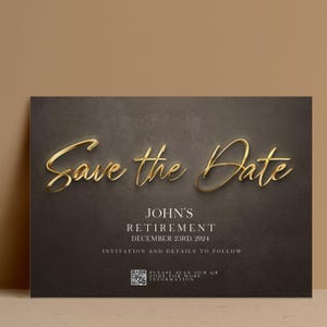 Retirement Save Date Editable Invite, Black Gold Theme (Printable Template, Instant Download, 5x7 Inch, QR Code Included)
