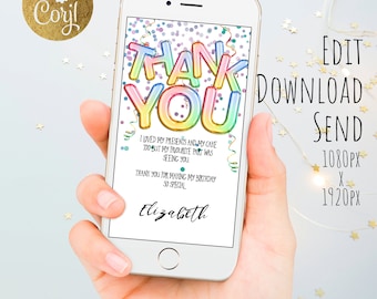 Electronic Thank You Birthday Thanks Digital Rainbow Balloons Editable Birthday mobile phone Thank You Template SMS Invitation RB12