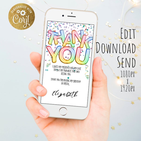 Electronic Thank You Birthday Thanks Digital Rainbow Balloons Editable Birthday mobile phone Thank You Template SMS Invitation RB12