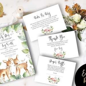 Oh Deer Twins Baby Shower Invitation Bundle EDITABLE Gender Neutral Invitations Digital Diaper Raffle Books for baby Instant download