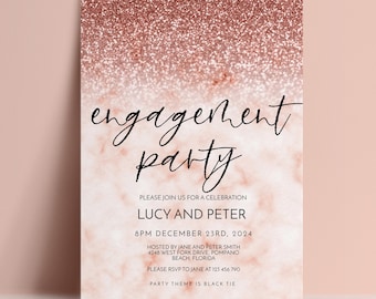 Convite para Festa de Noivado, Convite Editável com Glitter Mármore Rosé Dourado, Download Digital para Traje a Gala, Modelo para Impressão, Elegante