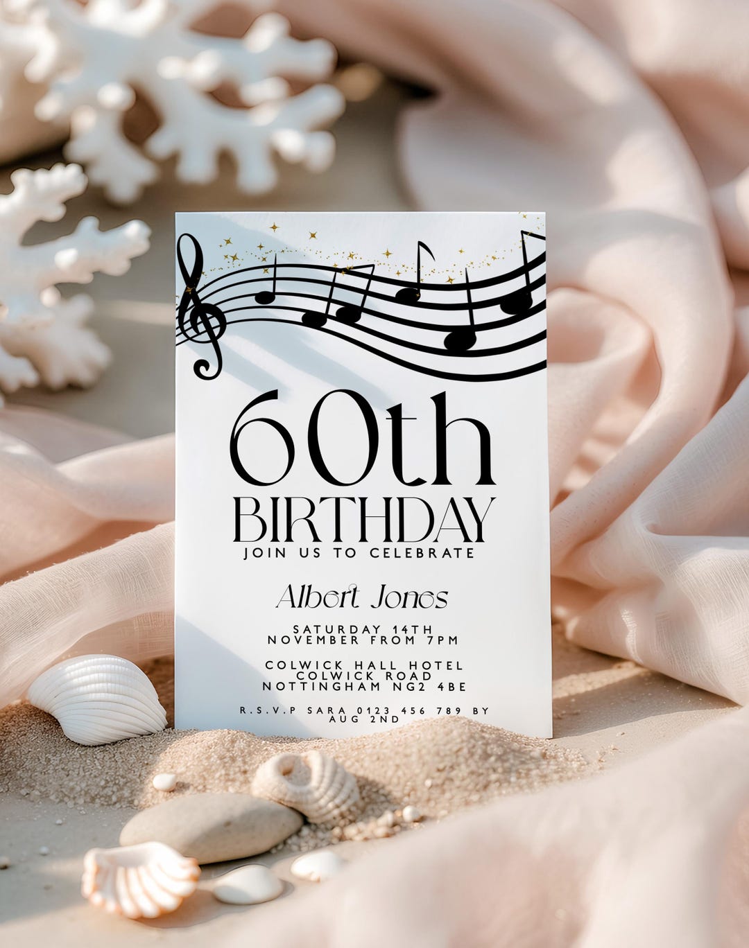 60th Birthday Invitation With Musical Notes, Black and Gold Editable ...