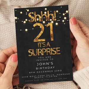 Invito a sorpresa per il 21° compleanno, modello modificabile, stampabile, nero e oro, semplice ed elegante, per lui o per lei, download immediato, stampabile SE20