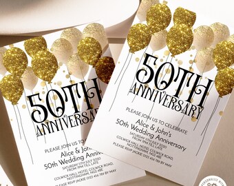 50th Wedding Anniversary Party Invitation Gold Glitter Balloons Editable Golden Anniversary Invitation 50th Invitation Instant Download