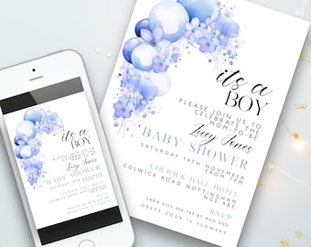 Its a Boy Blue Baby Shower Invitation Balloons Flowers EDITABLE Invitation Printable Baby Shower Invite Template Baby Boy Instant Download