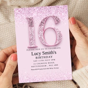 Pink Glitter Sweet 16 Einladung - Elegante stilvolle Party einladen - bedruckbar & bearbeitbar - Glamouröse 16.Geburtstagsfeier Vorlage
