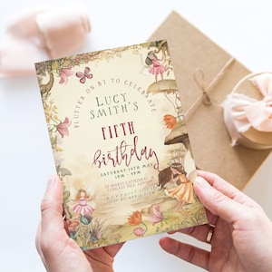 Convite de aniversário de fada editável - Convite para festa mágica na floresta - Tema jardim de fadas para meninas - 5º aniversário encantado e extravagante FY25