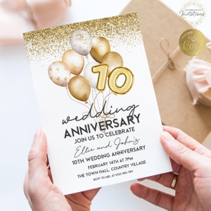 10 Year Anniversary Invite Edit to Any Year Gold Balloons Editable Wedding Anniversary Invite  Printable Instant Download