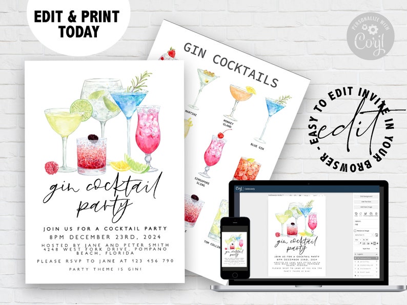 Editable Gin Cocktail Party Invitation With Cocktail Card on - Etsy UK