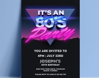 Birthday Invitations Editable 80's Party Invite: Neon Retro Theme, Digital Download (Printable PDF, DIY Template)